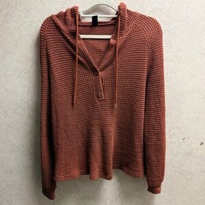 EMERY ROSE Medium Womens Waffle Knit Chocolate Brown Casual Cozy Pullover Hoodie